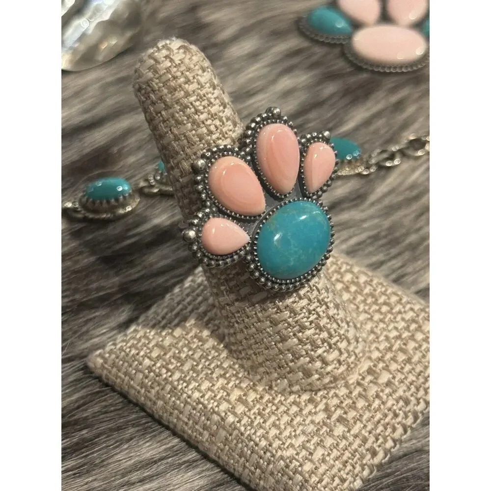 925 Southwest Sterling Silver Queen Pink Conch Turquoise Paw Cluster Ring💗Sz 7